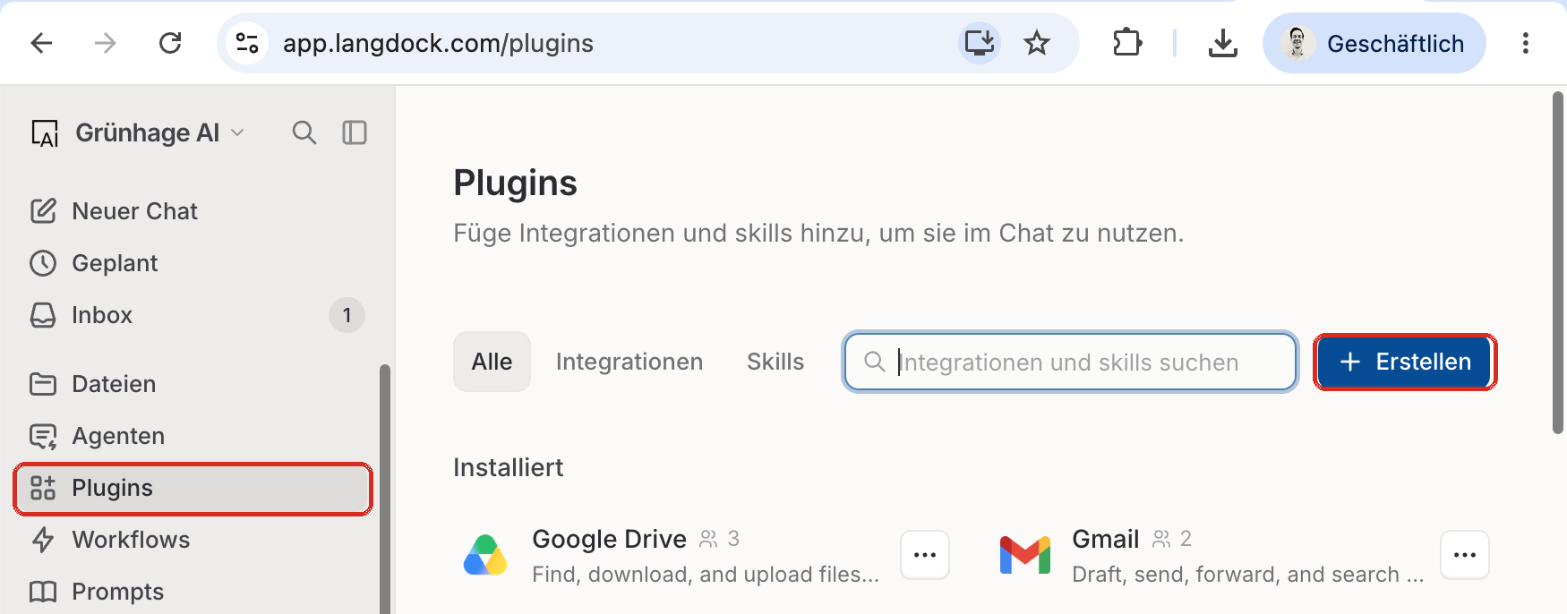 Langdock, Bereich Plugins, rechts oben der Knopf Erstellen