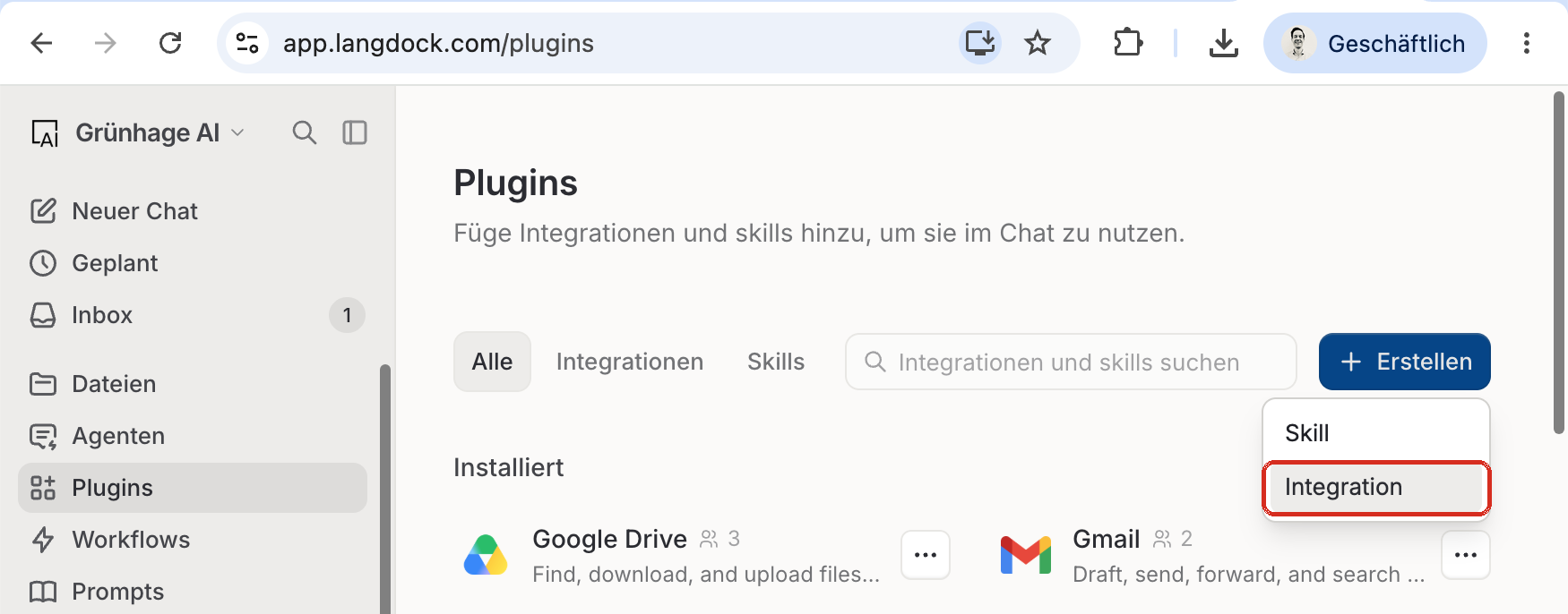 Das geöffnete Menü mit den Einträgen Skill und Integration