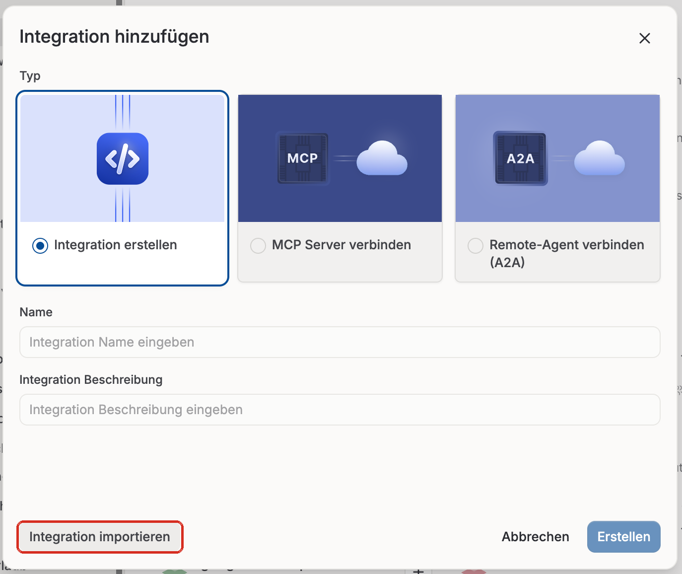 Der Dialog Integration hinzufügen, unten links der Knopf Integration importieren