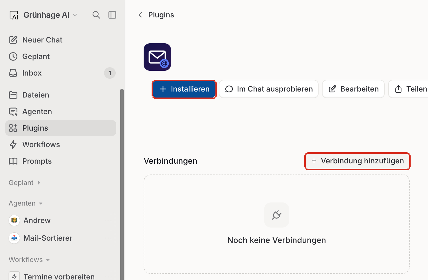 Die importierte Integration mit den Knöpfen Installieren und Verbindung hinzufügen