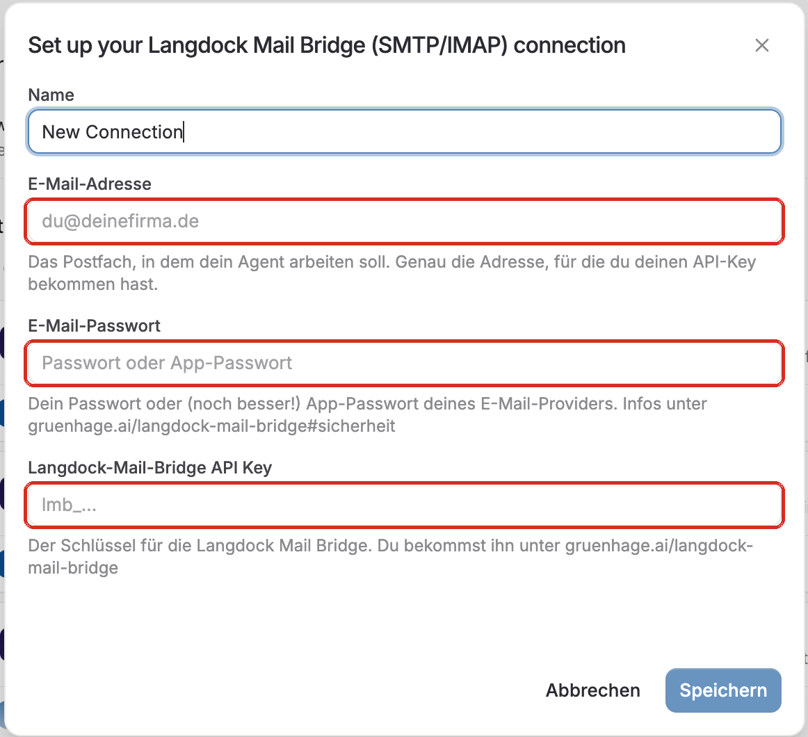 Das Verbindungsformular mit den Feldern E-Mail-Adresse, E-Mail-Passwort und Langdock-Mail-Bridge API Key